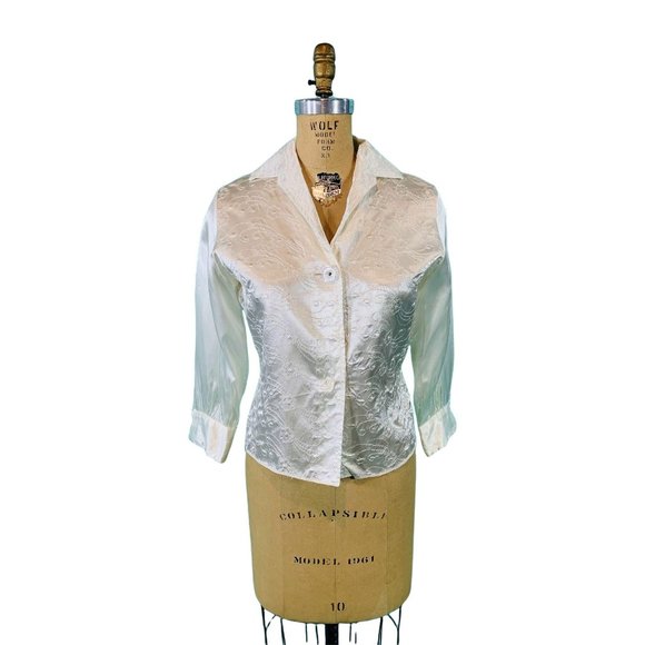 Vintage 1950s Satin Blouse White Embroidered Rhinestone Button Evening Top - Picture 1 of 10